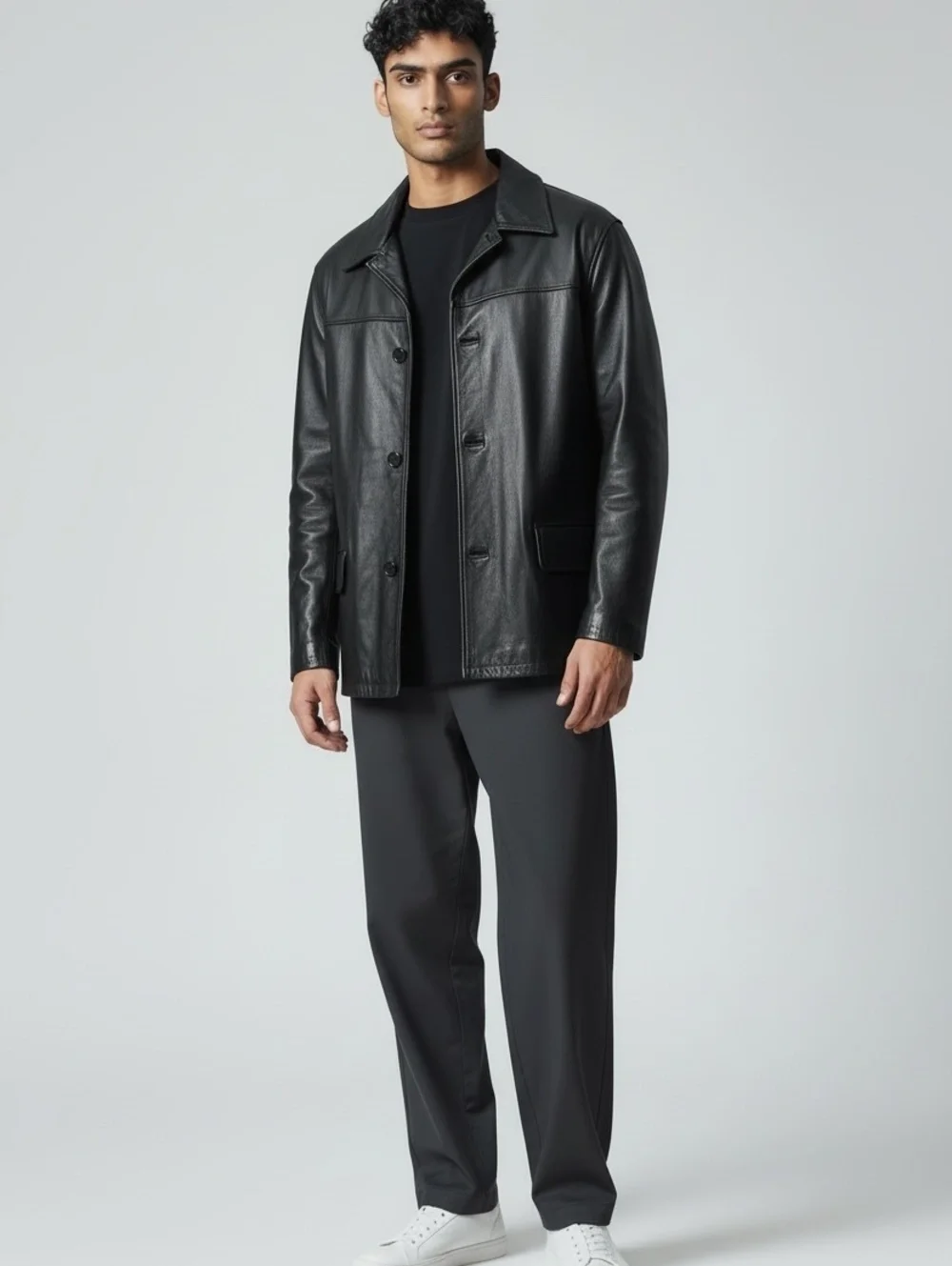 BANANA REPUBLIC Mens (L) Vintage Black 100% Leather Trench Coat Mid-Length Lined